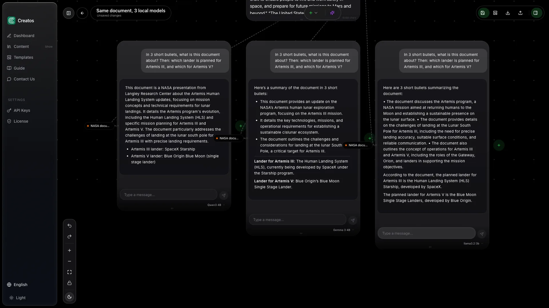 Creatos canvas with the NASA PDF connected to three AI nodes, Qwen 3 4B, Gemma 3 4B and Llama 3.2 3B, each showing its full answer to the same question.