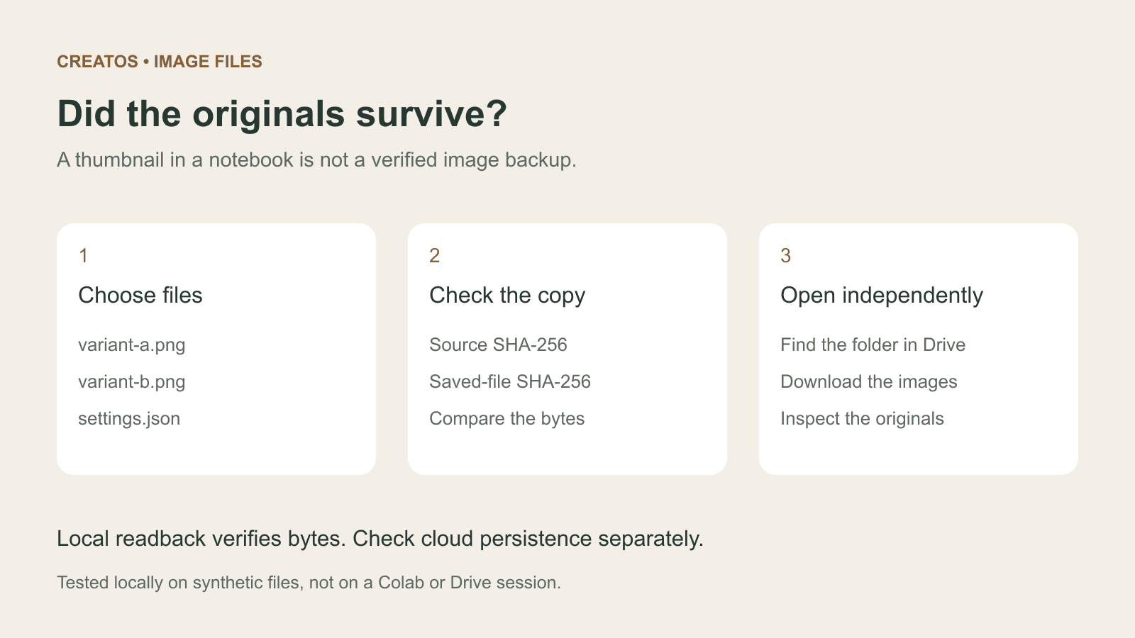 Three separate checks: copy selected image files, compare readback hashes, and open the saved files outside the runtime.